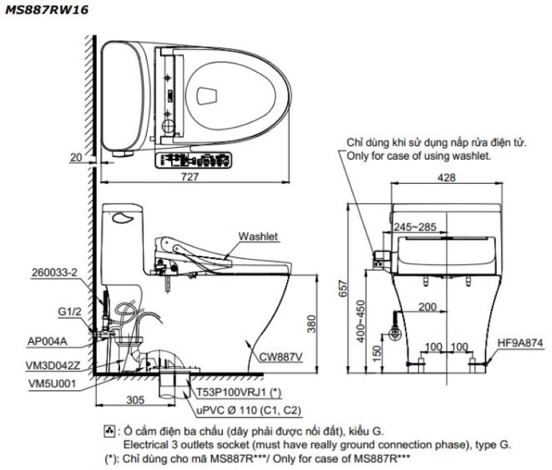 Bản Vẽ Bàn Cầu Một Khối Toto Ms887Rw16
