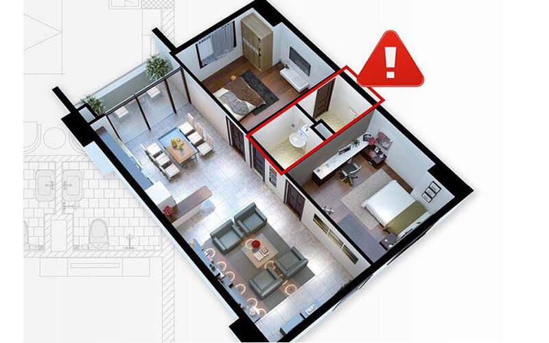 Tránh đặt nhà vệ sinh ở trung tâm hoặc cùng hướng cửa chính