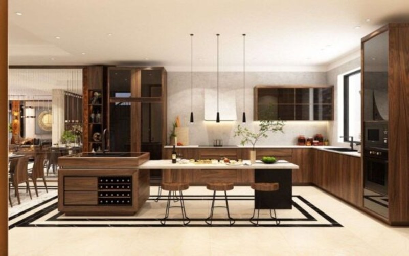 Bàn bếp chữ L kết hợp bàn đảo mini