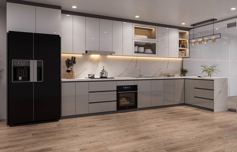 Bàn bếp chữ L tích hợp thiết bị âm tủ