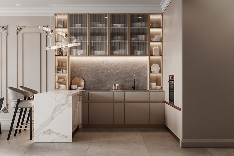Tủ bếp chữ L phong cách tân cổ điển