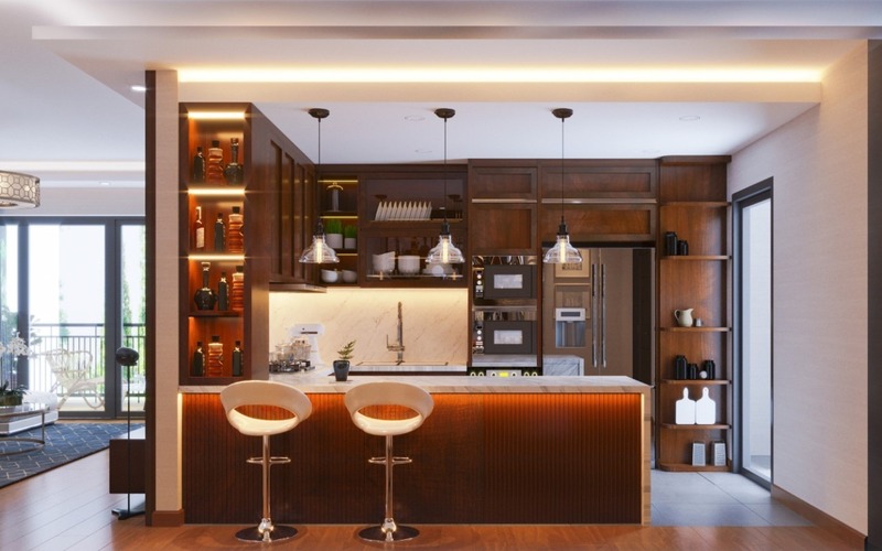 Mẫu tủ quầy bar phòng bếp tích hợp lưu trữ