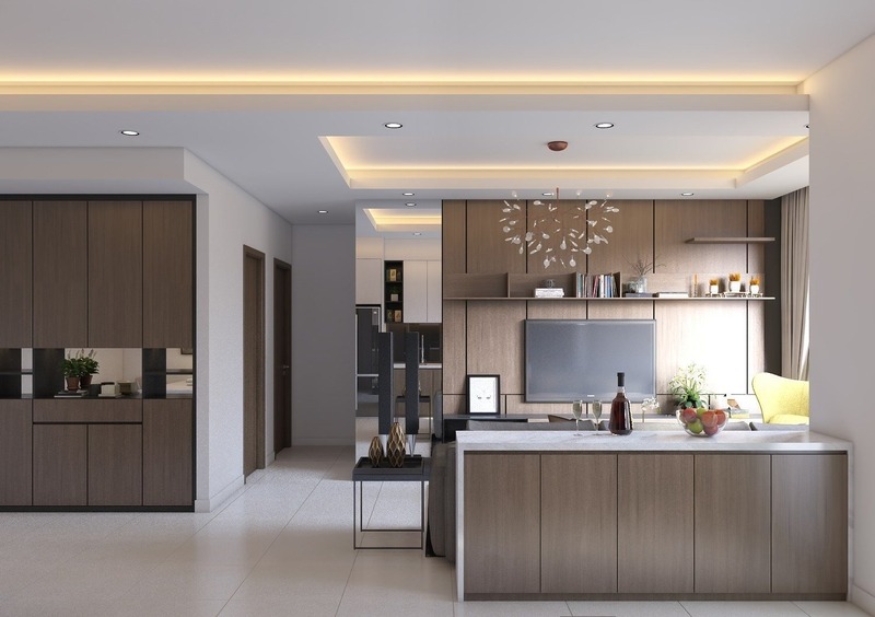 Mẫu trần thạch cao phòng bếp kết hợp phòng ăn, liên thông phòng khách